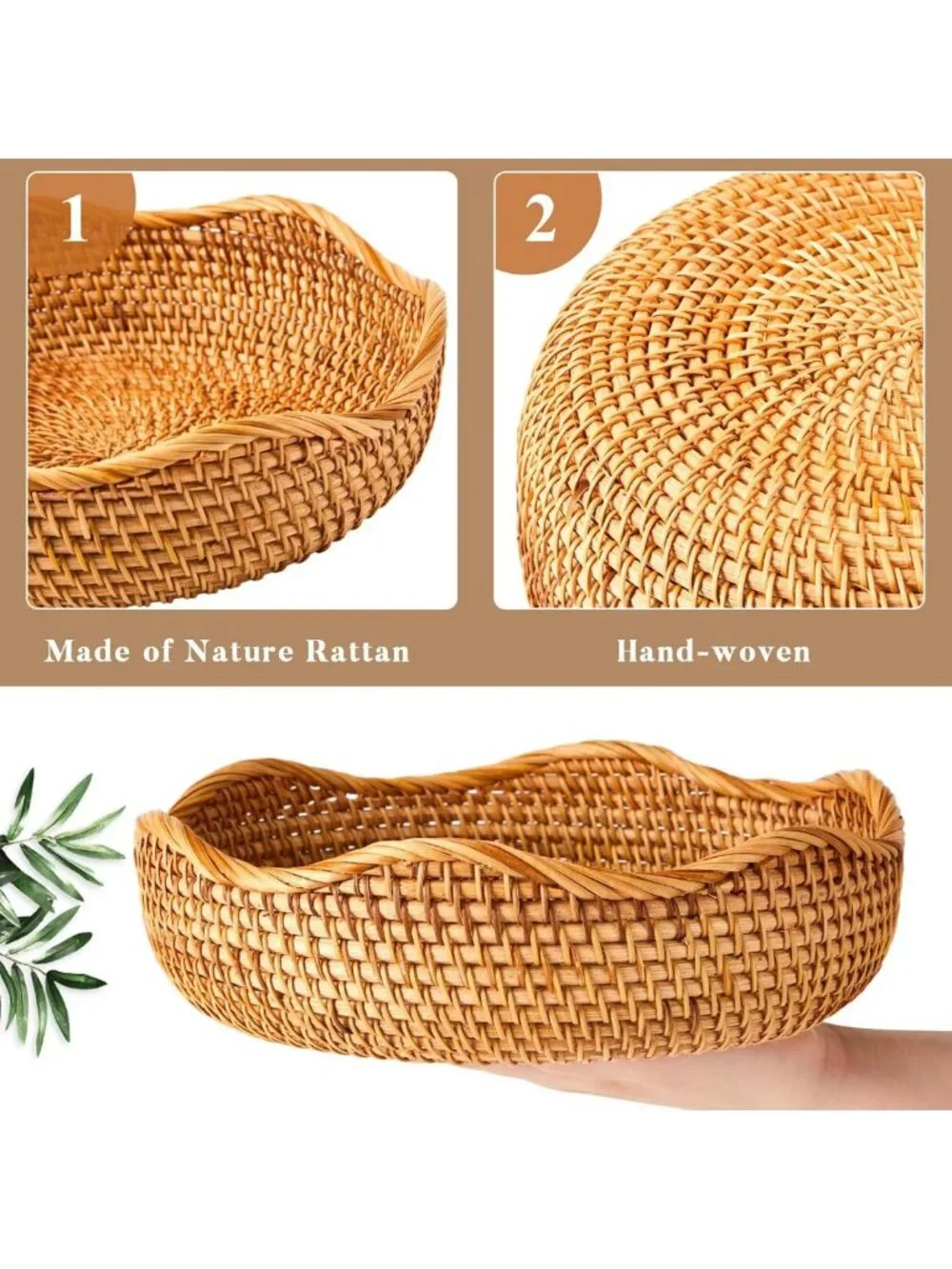 Set of 3 Scalloped Rattan Baskets - 10.2 Inch Round Wicker Bowls for Storage